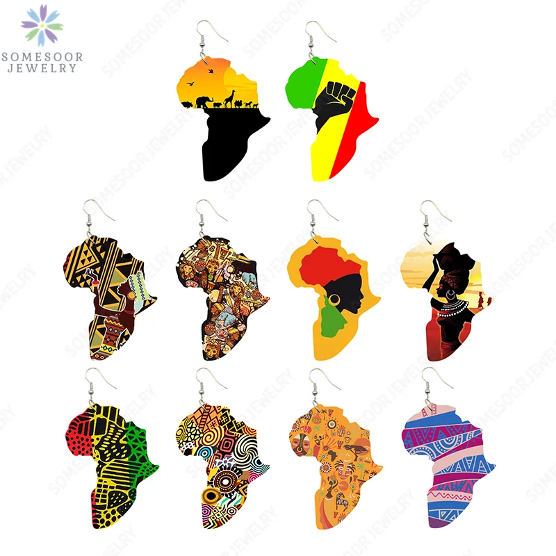 

SOMESOOR Black Women Arts Print African Map Wooden Drop Earrings Afro Ethinic Headwrap Power Fist Design Pendant Dangle Jewelry