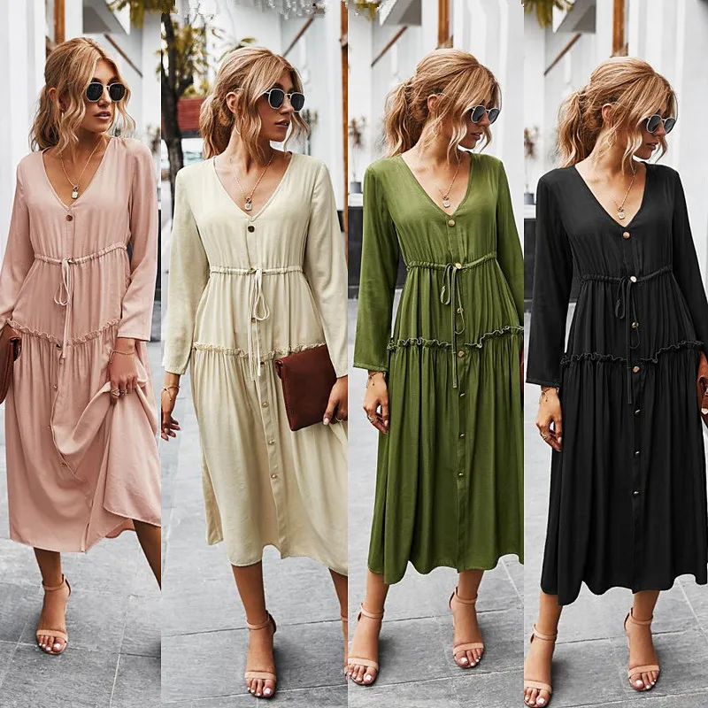 

Women's Dresses Solid Color Dress V-Neck Collar Long-Sleeved Draw String on The Waist