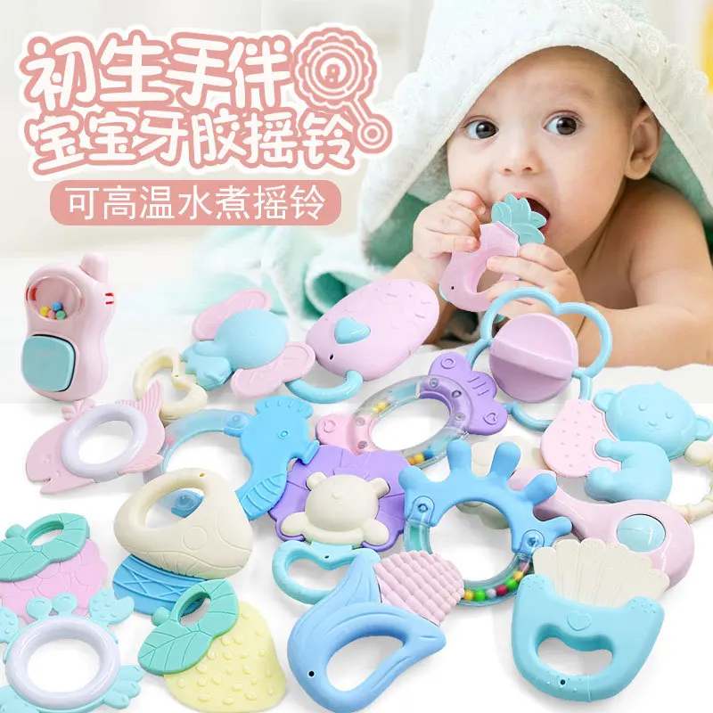 

Montessori Baby Toy Soft Rubber Rattle Teether Newborn Chews Food Grade Silicone Teethers Infant Training Bed Toy Chew Toys Kid