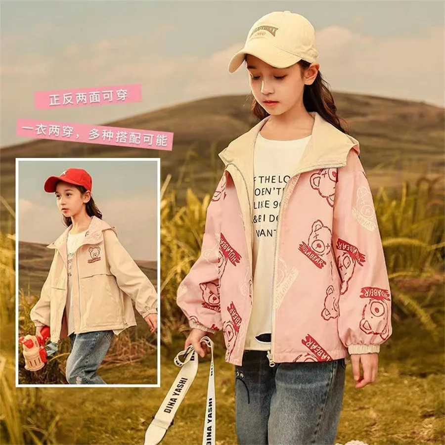 

Girls Baby Korean Style Basic Spring Autumn Winter Jackets Windbreaker Lovely Fashion Teens Overcoats two side wear Outwear