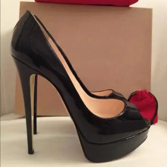 

Women Red Pumps Peep Toes High Heel Shoes Classics Logo Bottoms Sexy 14cm Black Nude Patent Leather Sandals Big Size 45