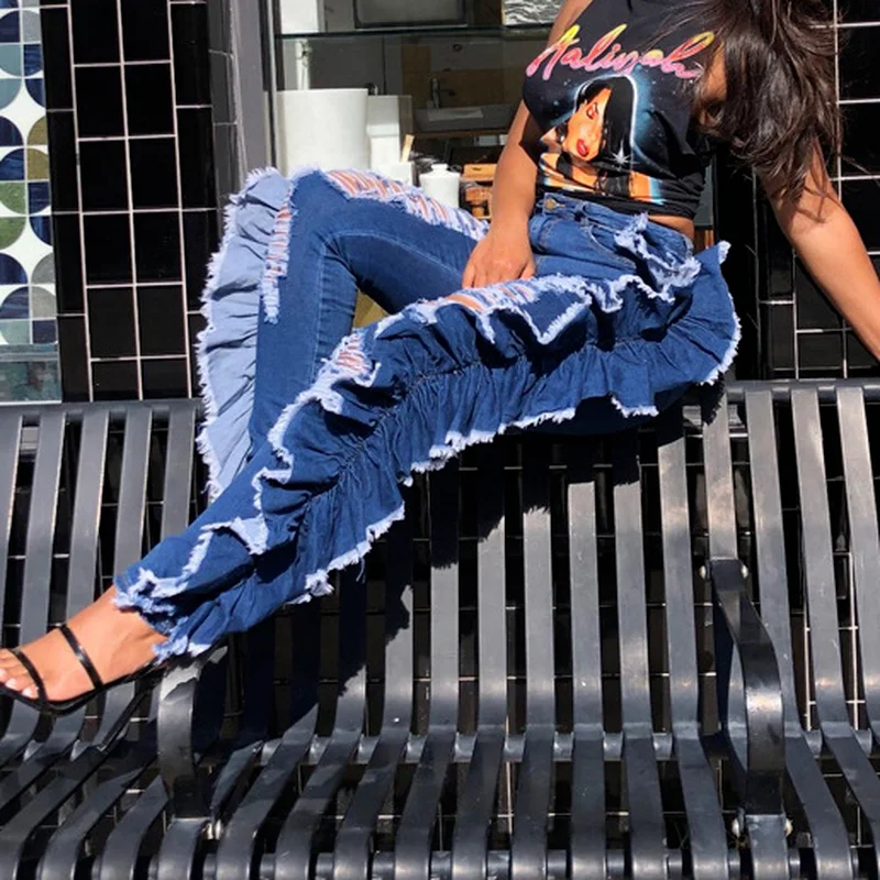 

Ruffled Ruched Ripped Denim High Wait Stacked Pants Autumn 2021 Women Trouser Streetwear Jeans Fashion Skinny Pockets Trousers