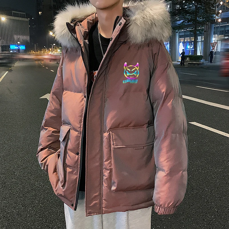 

Новинка, зимние парки YASUGUOJI с хлопковой подкладкой, мужские Яркие Светоотражающие пуховики с капюшоном и принтом дьявола, утепленные теплые...