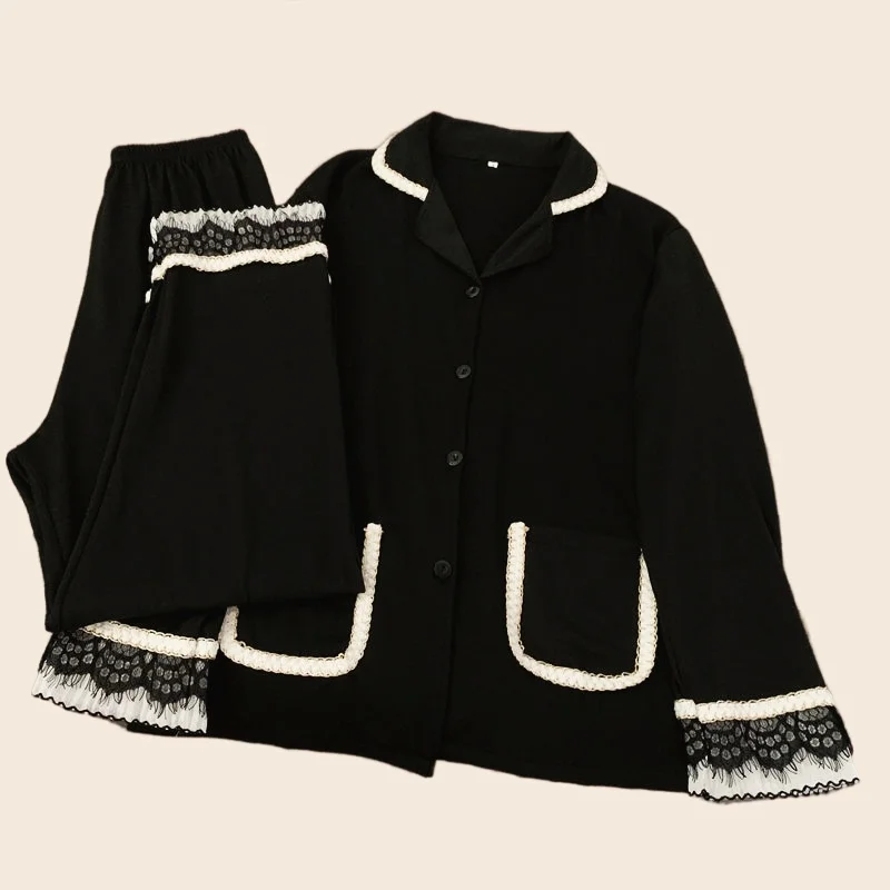 Women's Pajamas Set Sexy Lace Print Sweet Princess Spring Pyjama Loose Size Mom New Black Homewear Cozy Sleepwear