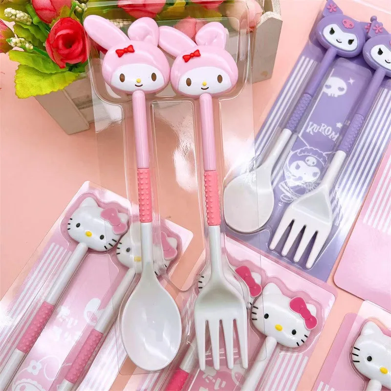 My Melody Sanrio Hello Kitty Детская посуда Студенческая портативная вилка Ложка для супа
