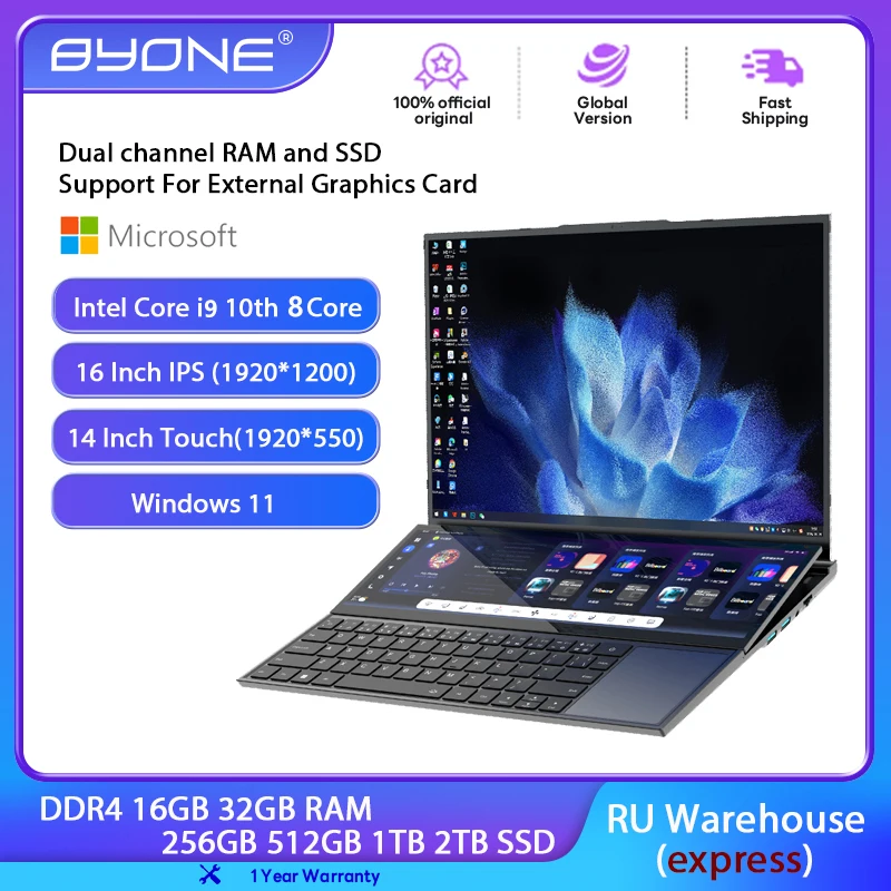 Игровой ноутбук BYONE с двумя экранами, 32 ГБ/16 ГБ DDR4 RAM 1 ТБ/Φ SSD ...
