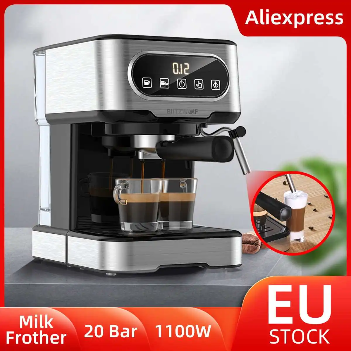 

BlitzHome 20 Bar 1100W Semi Automatic Espresso Coffee Machine Coffee Maker with Milk Frother Cafetera Cappuccino Hot Water Steam