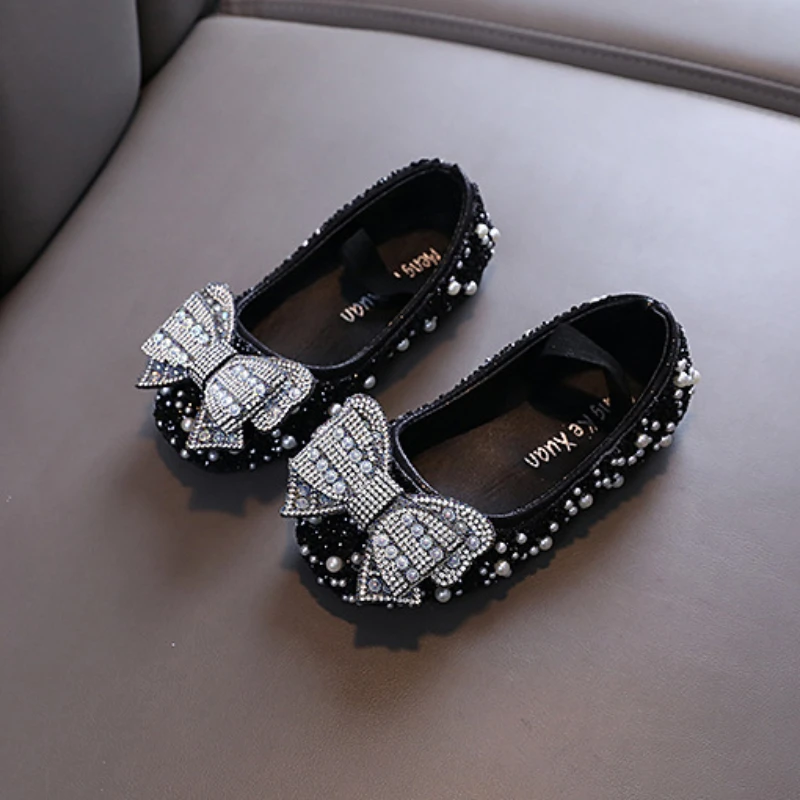 Autumn New Girls Flat Leather Shoes Baby Kids Party Children Glitter Butterfly Wedding J315