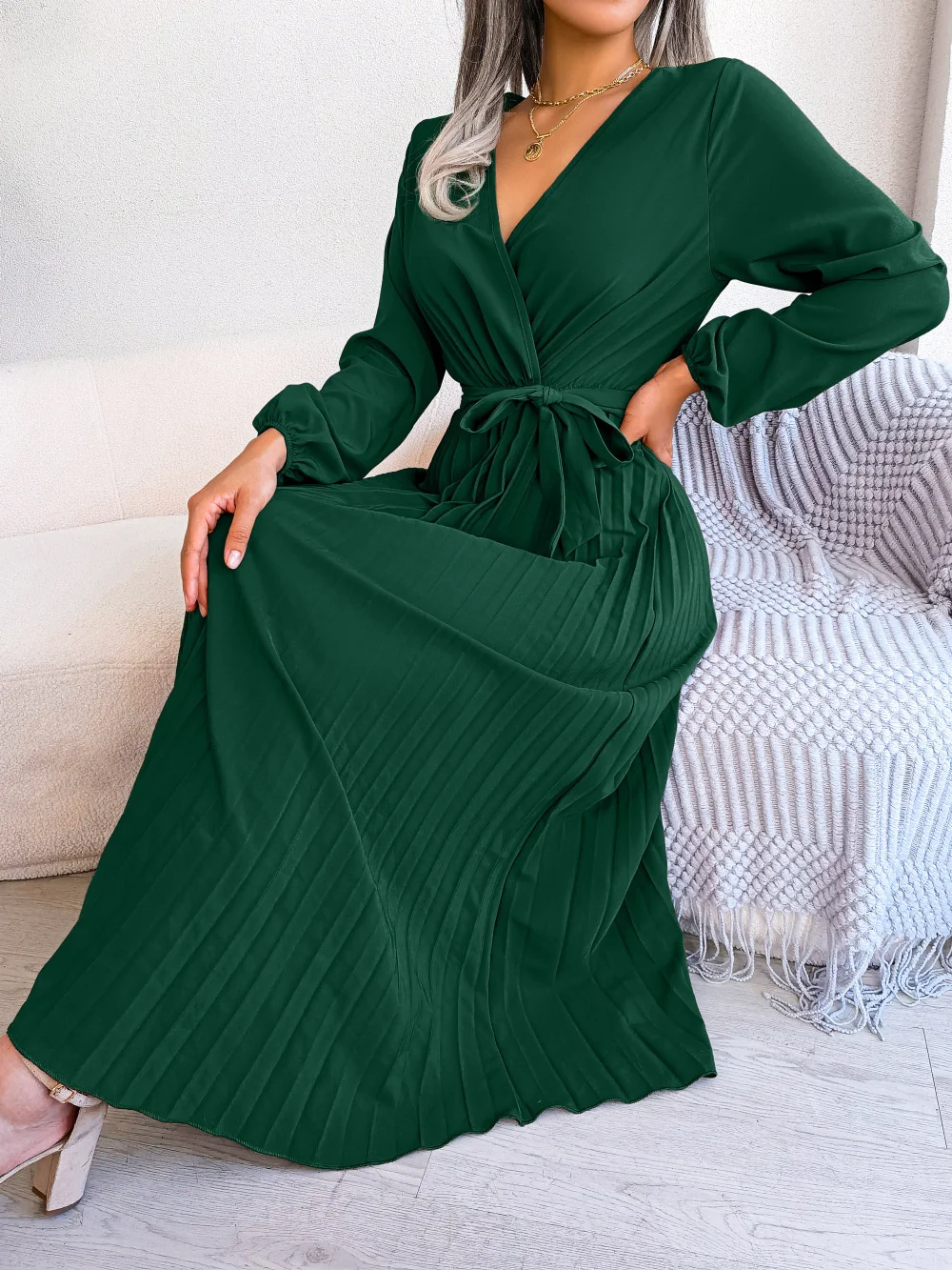 

Summer new elegant casual dress,fashion cross V-neck large pleated long skirt women's dress2023