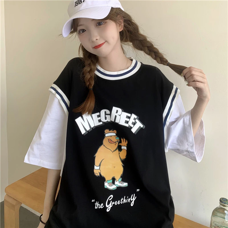 

DUOFAN Fake Two Piece T-shirt Oversized Basketball Uniform Print Bear Short Sleeve Female Loose Harajuku Hip Hop Top y2k Clothes