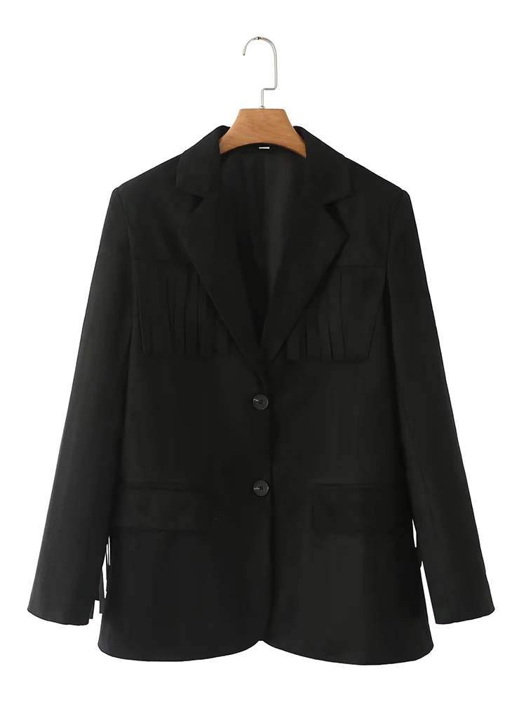 

New Women Tassel Black Blazer Coat Vintage Long Sleeve Pockets Female Suit