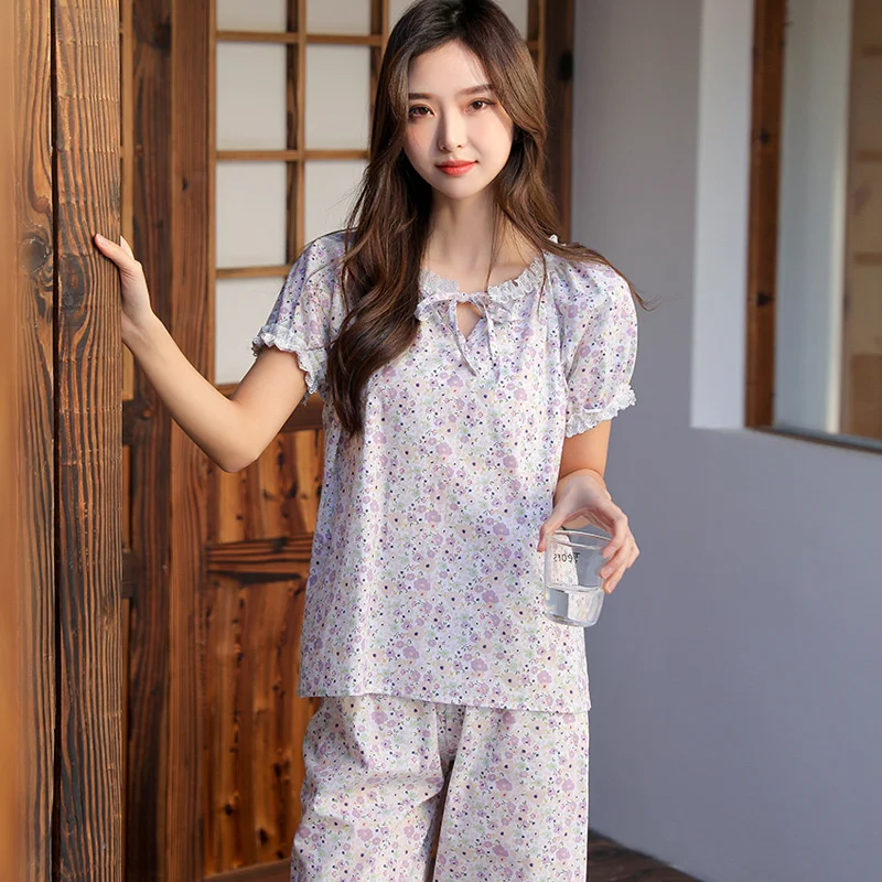 Summer New Pajamas Cotton Women's Summer Suit Sweet Broken Flower Double layer Yarn Pajama Set Short Sleeve Suit Sleepwear