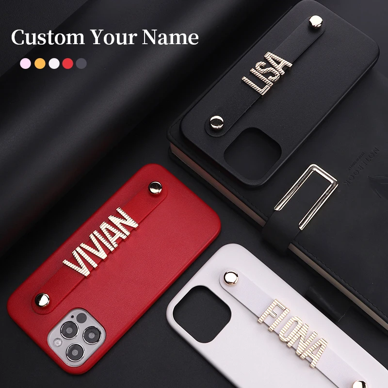 

Personalization Custom Name Leather Phone Case For iPhone 12 11 13 Pro Max X XR XS 7 8 Plus Striped Letters Smooth Cover Coque