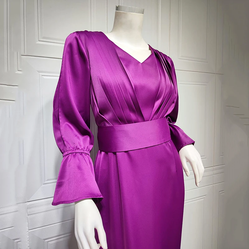 Women Long Satin Tunic Dress 2022 For Muslims Solid Abaya With Belt Middle East Dubai Ramadan Arabic Luxurious Evening Dresses