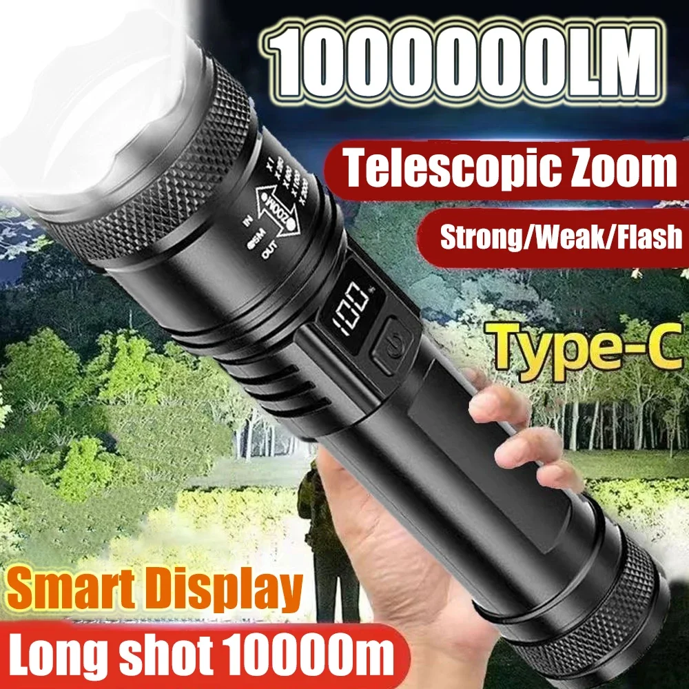 Rechargeable LED Flashlight 10000LM Zoomable Torch Waterproof 5 Modes with LCD Display Charging for Camping Hiking Emergency