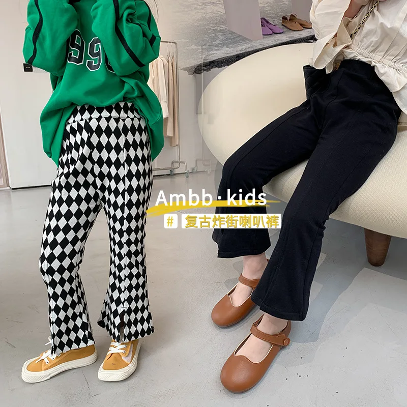 

2022 Spring Autumn New Children Slit Trousers Baby Girls Casual Pants Teenage Retro Self-cultivation High-elastic Flared Pants