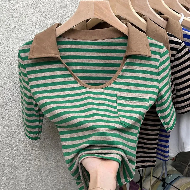 

Cotton Blousers Sexy Chic V-Neck Striped Polo Shirt Short-Sleeved T-Shirt Women's Summer Fashion Pure Desire Niche Sweet Top