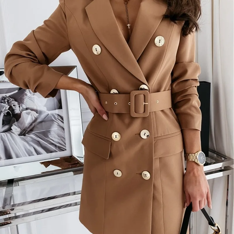 2022 new  Autumn Women's Long-sleeved Waist Mid-length Blazer for Office Ladies Elegant Solid Color Double-breasted Blazer