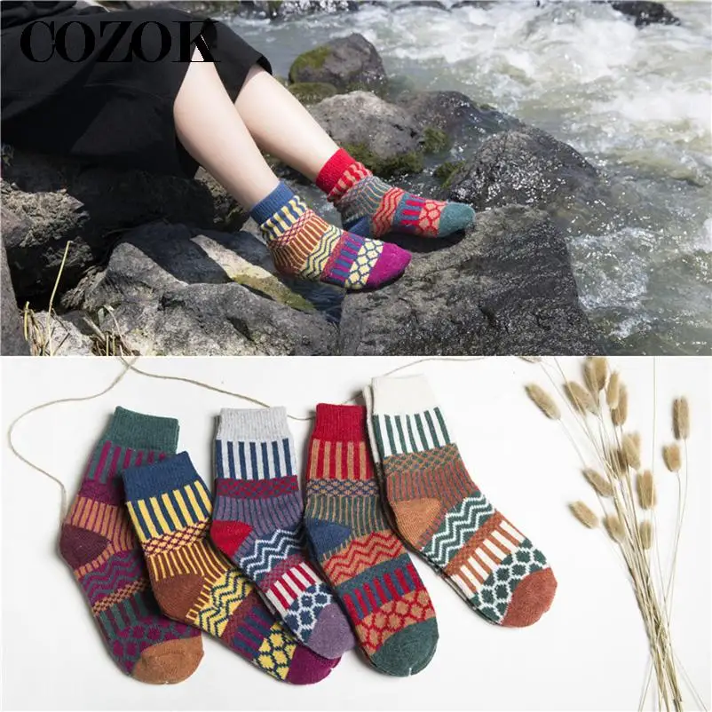 

5 Pairs New Winter Thick Keep Warm Wool Womens Socks Colorful Socks Fashion Casual Euramerican National Style Cotton Sock Meias