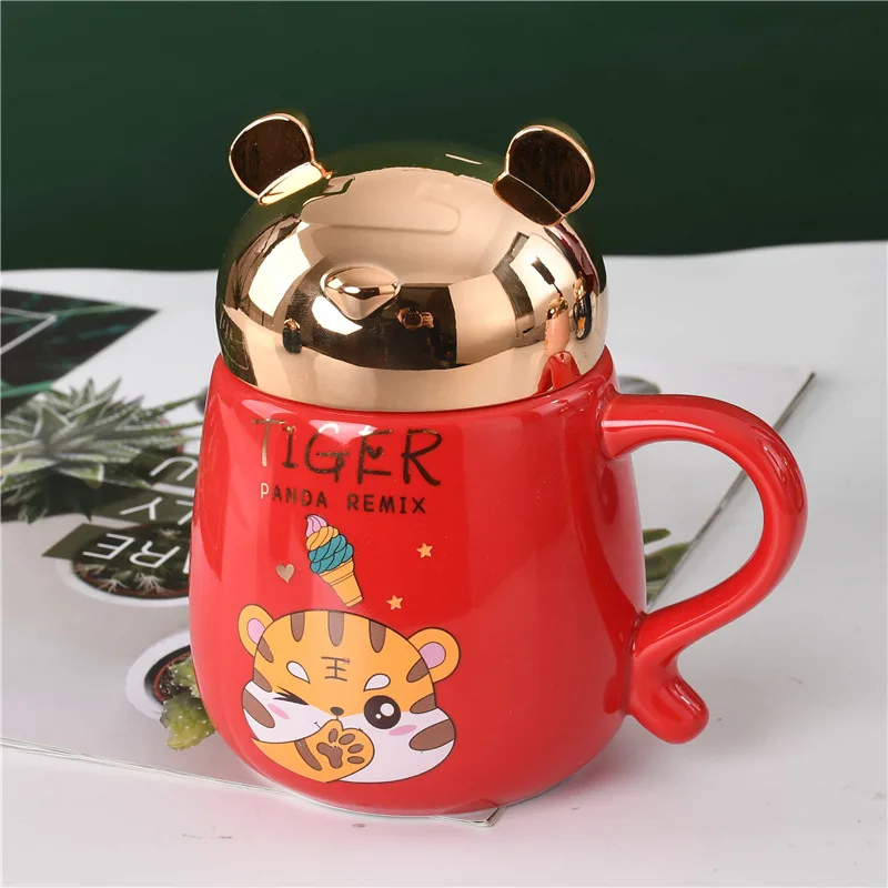 

New Cartoon Tiger Ceramic Cup In The Year of The Tiger Red Festive Gift Mug with Cover New Year Birthday Nice Gifts Home Decor