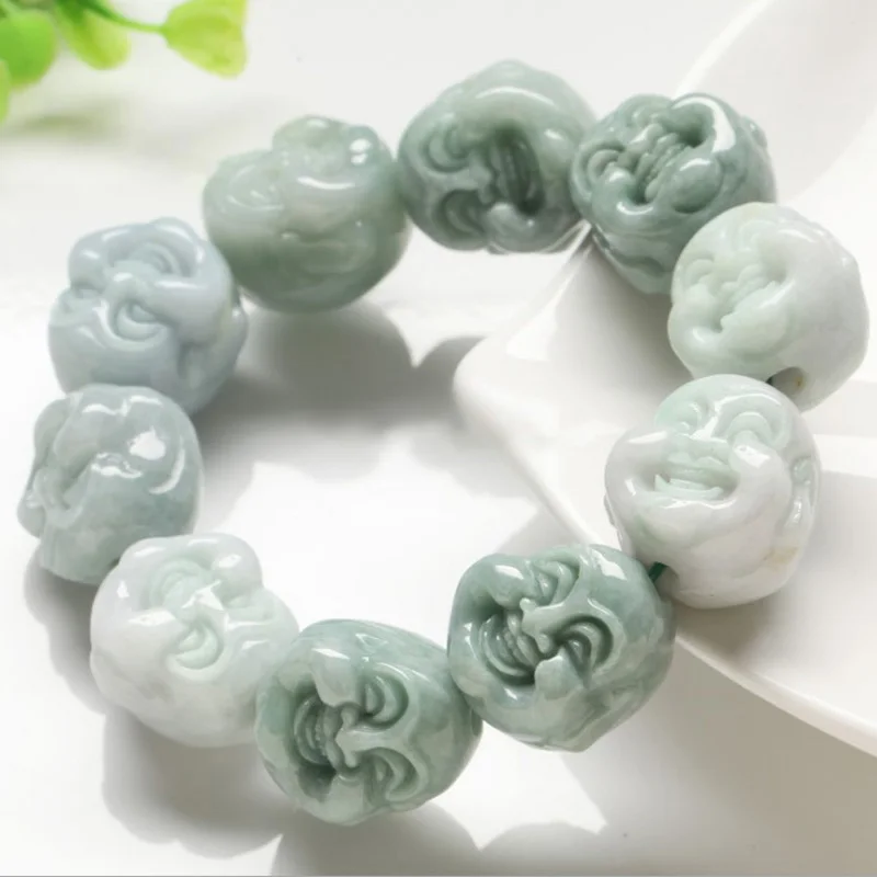

Natural Myanmar Emerald Buddha Head Bracelets Drop Shipping Lu Amulet Jade Stone Bracelets For Men And Women Gift