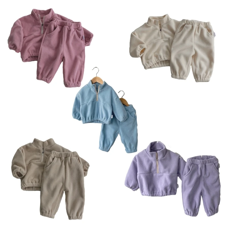 

Спортивный костюм для маленьких девочек и мальчиков, однотонный топ с длинным рукавом и воротником-стойкой, штаны с эластичным поясом, наряд