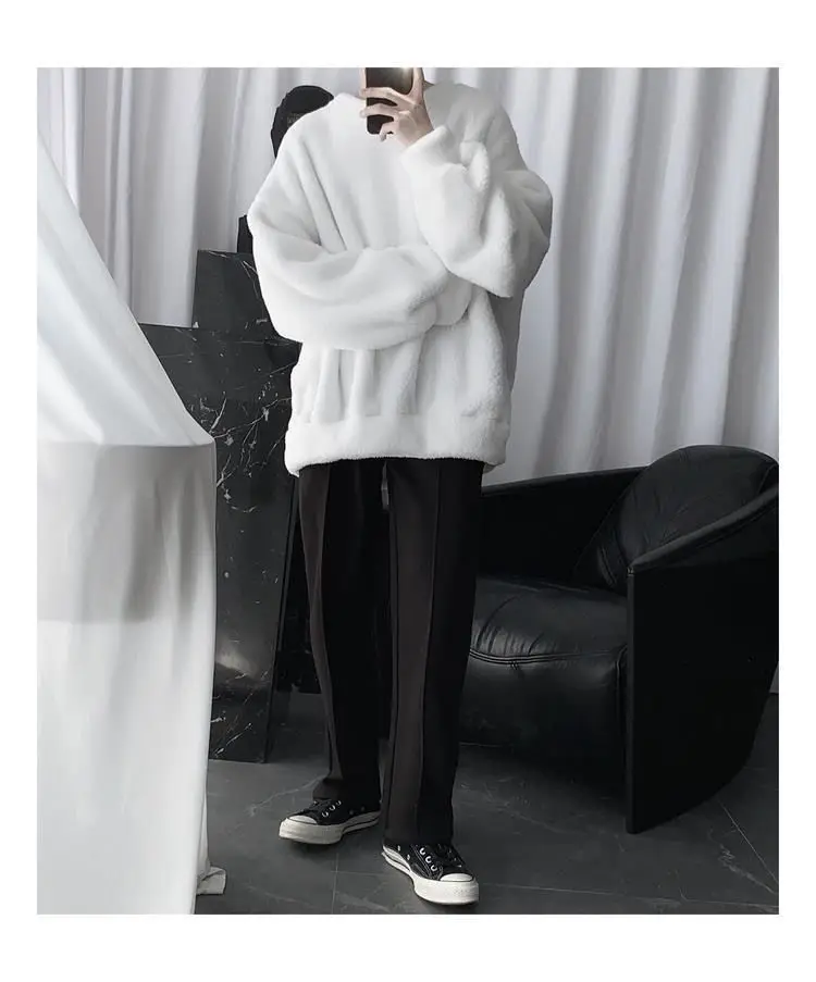 Oversized Sweatshirts Lamb Hair Harajuku Solid O-Neck Long Sleeve Sweatshirt Korean Fashion Loose Men's Hoodies Streetwear
