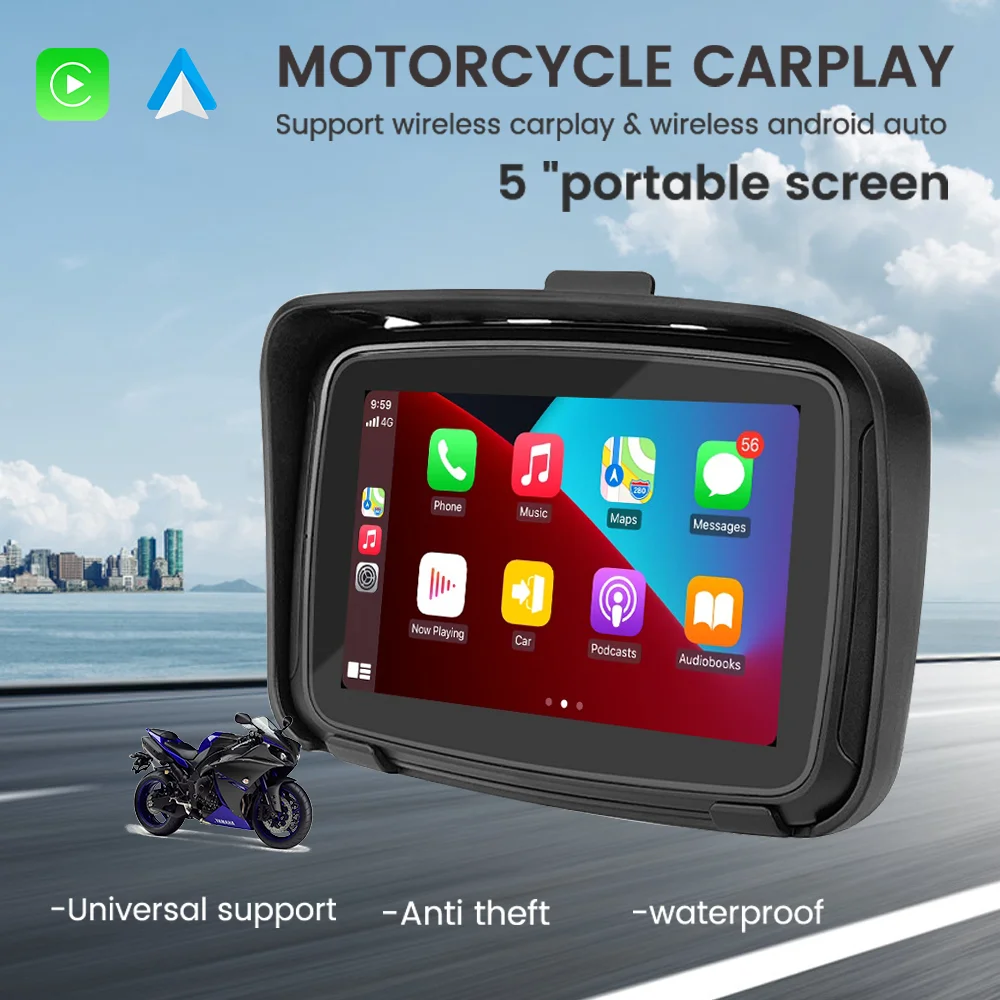 

5 inch Motorcycle Wireless Apple Carplay Android Auto Portable IPX7 Waterproof Display Automotive Multimedia car play screen