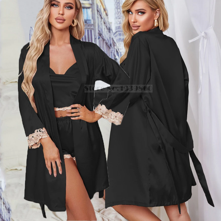 

Sexy Pink Lace 3PCS Pajamas Set New Spring Summer Women Sleepwear Kimono Bathrobe Gown Loose Silk Satin Pijamas Suit Home Wear