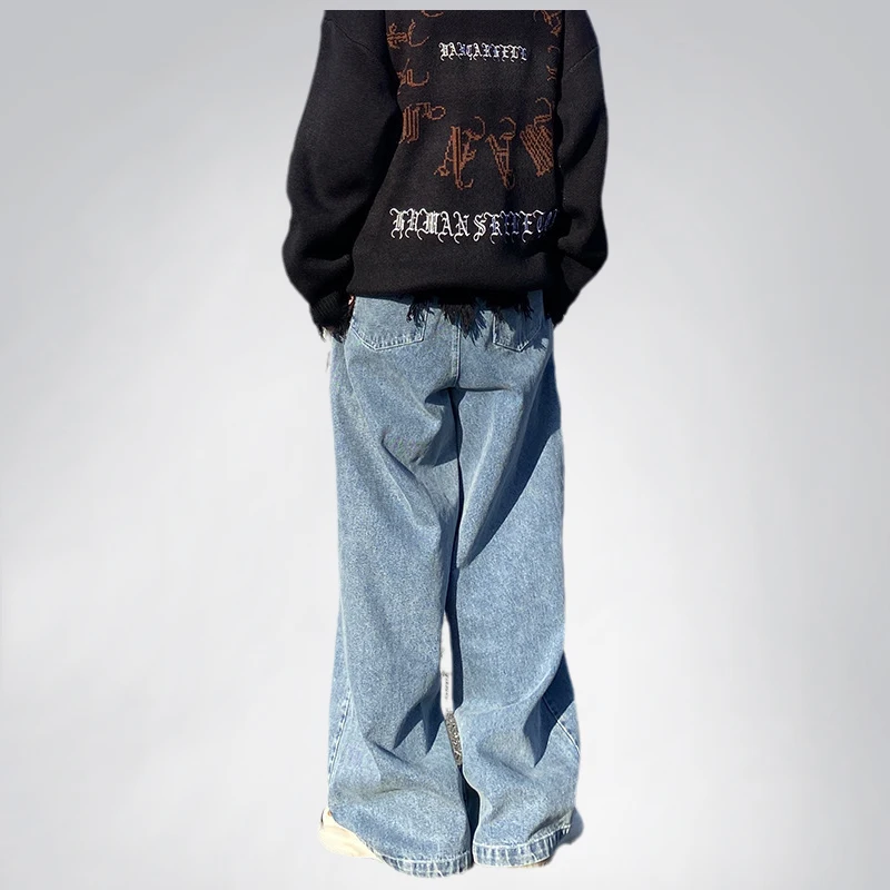 Brand Men's High Street Stitching Straight Leg Jeans Men's Trend Straight Leg Loose Wide Leg Pants Fashion Street Men's Clothing