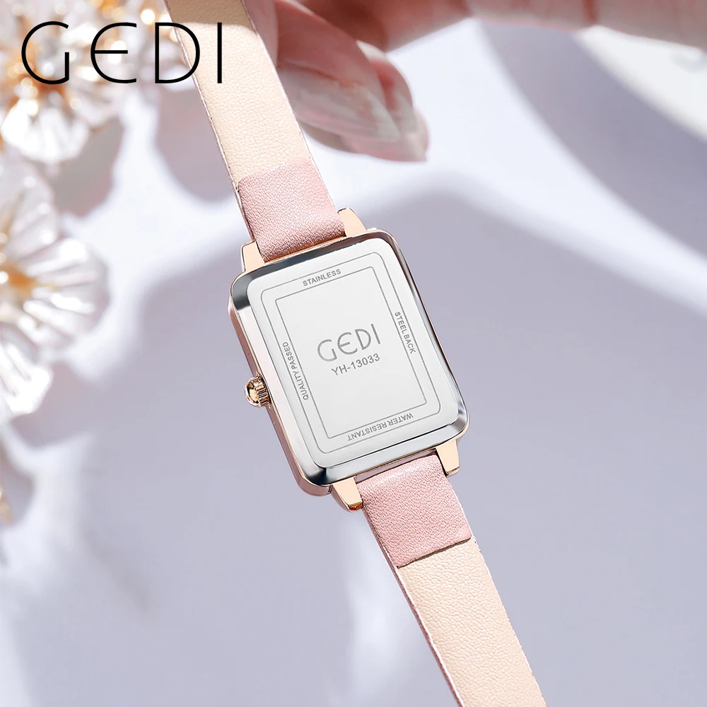 GEDI Fashion Pink Women Quartz Watches Top Brand Luxury Leather Strap Bling Desert Dial 3Bar Waterproof Woman Wrist Watch Clock