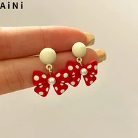 s925 needle sweet bowknot earrings hot sale popular style korean style white dots red bow drop earrings for girl party gifts