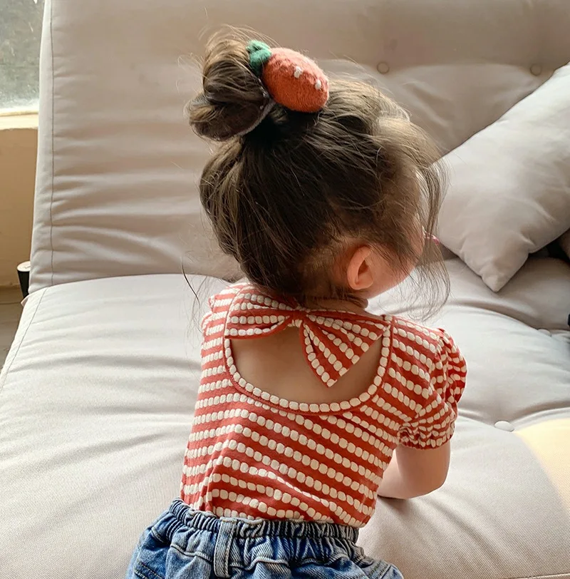 

2021 Summer New Korean Style Baby Girls Striped T-shirts Bowknot Backless Puff Sleeve Tops Toddlers Kids Tees