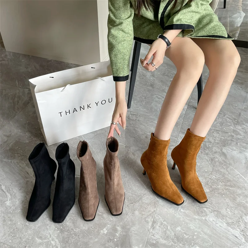 

Round Toe Women Ankle Boots 2022 New Arrivals Sock Botas Black Brown Khaki Thin High Heels Back Zipper Closed Flock Pumps 39