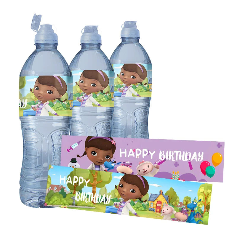 

24pcs Disney's Doc McStuffins Party Water Bottle Labels Birthday Party Decor Kids Party Supplies Personalized Water Bottle Wraps