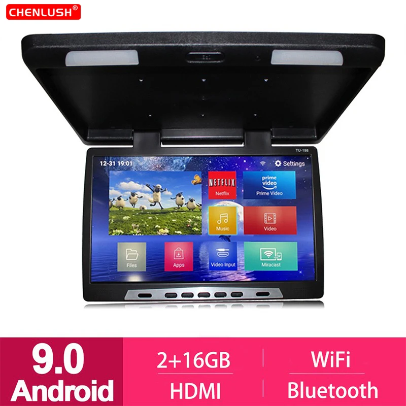 Monitor de 24 pulgadas para coche con Android 9,0, 2 + 16GB, 1080P, MP5, reproductor de vídeo HD, pantalla de montaje en techo, Bluetooth, WiFi, HDMI, Netflix