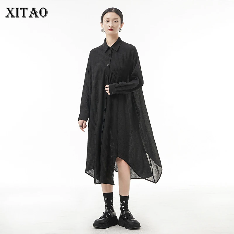 

XITAO Solid Single Breasted Dress Women 2022 Spring New Personality Fashion Loose Turn-down Collar Full Sleeve Dress WMD4878