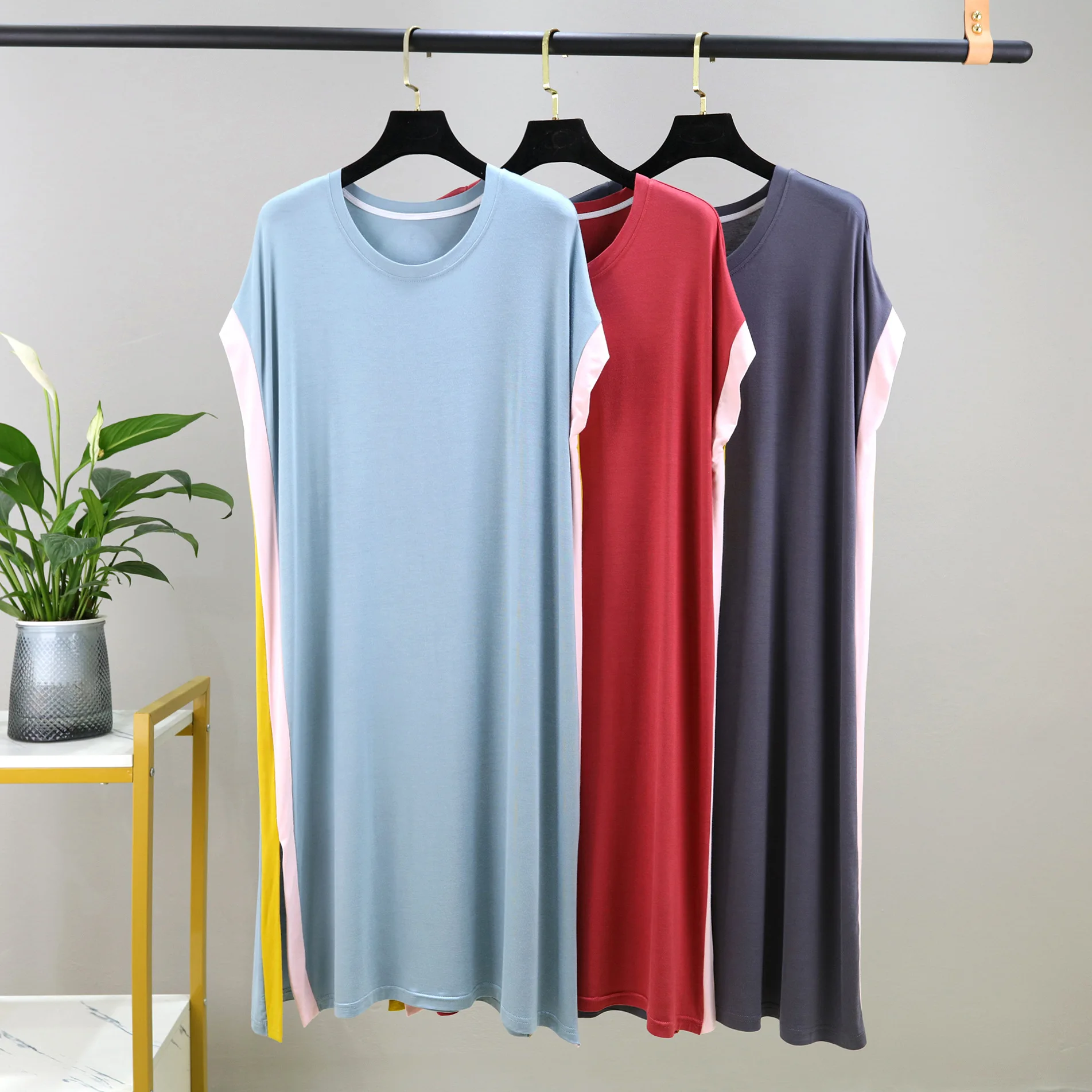 Modal Side White Stripe Color Nightgowns Fashion Plus Size Nightdress Summer Thin Round Neck Batwing Short Sleeve Sleeping Dress