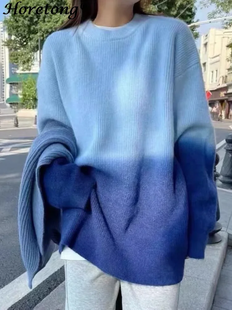 

Horetong 2022 Autumn Winter Sweater Women Knitted Loose Gradient Fashion Pullover Korean Casual Simple Long Sleeve Streetwear