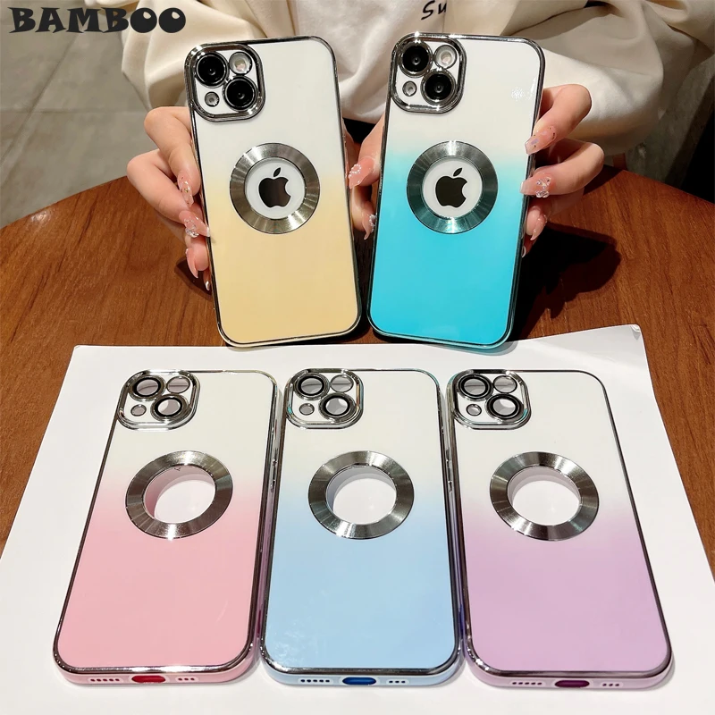 

Luxury Plating Gridient Color Case for iPhone 14 13 12 11 Pro Max X XS XR 8 7 Plus SE 3 2 With Lens Film Shockproof Soft Cover