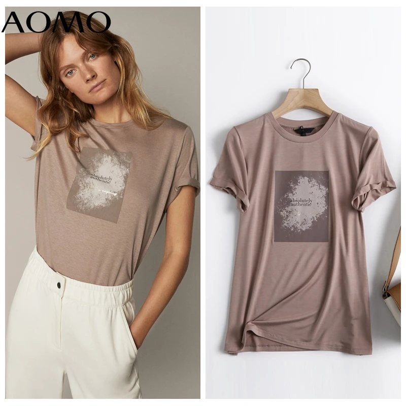 

AOMO 2021 Summer Women High Quality Print Vintage Khaki Cotton T Shirt Tees Ladies Casual Tee Shirt Street Wear Top 6D36A