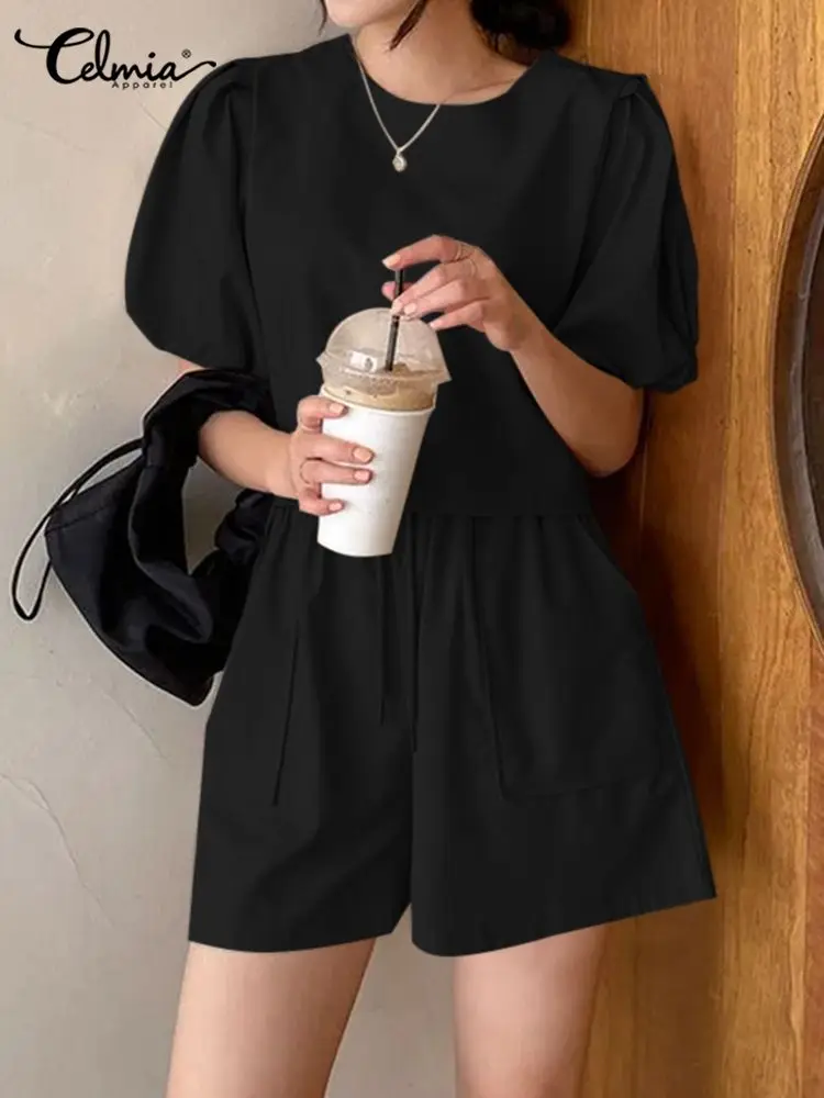 

Celmia Leisure Solid 2 PCS Short Sets Women Fashion Korean Style Sets Puff Sleeve O Neck Tops and Pockets Bandage Shorts Suit