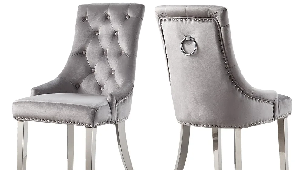 

Современный Роскошный Гостиничный Набор стульев для столовой металлический из нержавеющей стали серый бархатный тканевый обеденный стул для ресторана