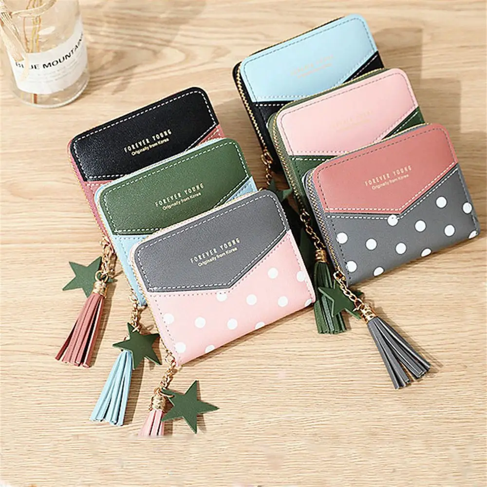 

Korean Style Simple Square Women's Wallet Dot Pattern Short Zipper Small Wallet Tassel Mini Coin Purse Female Clutch Card Holder