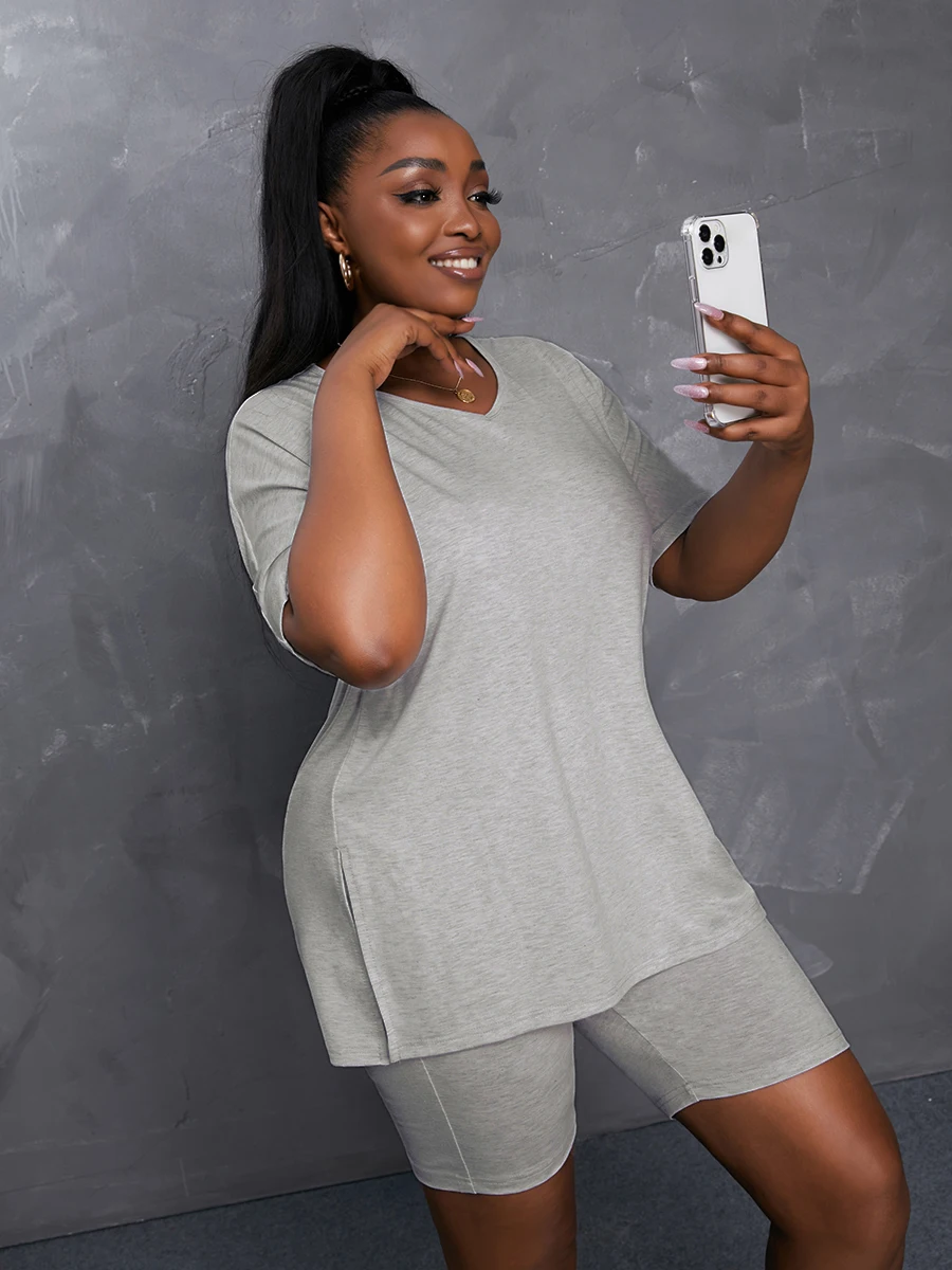 LW Plus Size Cotton Material Series V Neck Split Two-piece Shorts Set