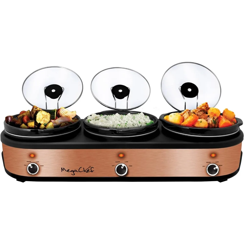 

Megachef Triple 2.5 Quart Slow Cooker and Buffet Server in Brushed Copper and Black Finish with 3 Ceramic Cooking Pots