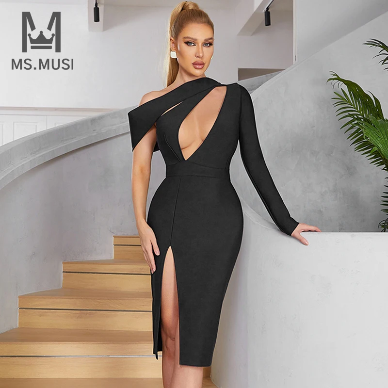 

Новинка 2023, модное женское сексуальное синее платье MSMUSI с открытыми плечами и одним рукавом, вечерние нее Клубное облегающее платье миди с разрезом