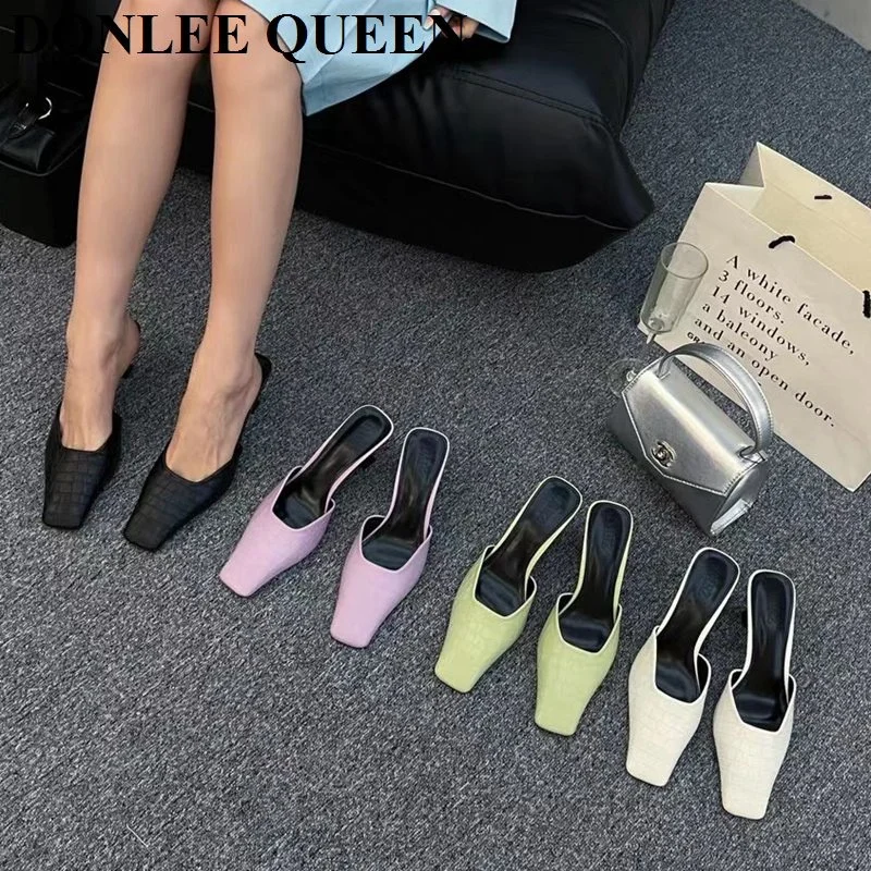 

Elegant Thin High Heel Slippers Women Spring Slip On Mule Shoes Brand Square Toe Crocodile Pattern Slide Flip Flops Zapatos Muje