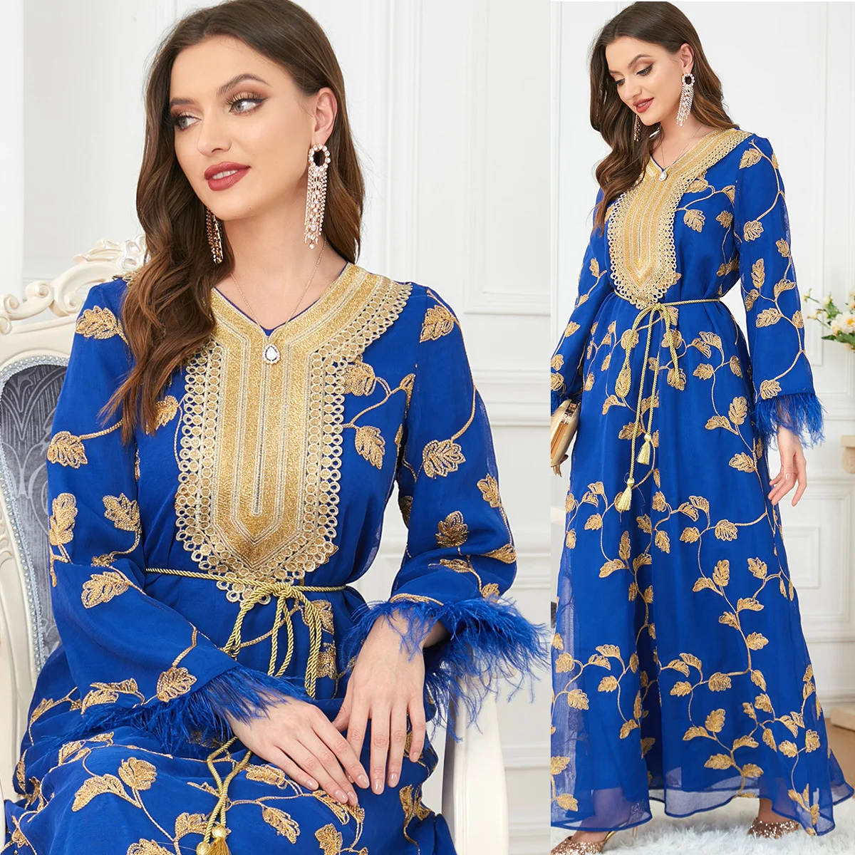 Abaya For Women Arab Autumn Long Dress 2023 New Women's Fashion Long-sleeved Gilded V-neck Dress Fashion Kaftan Clothing