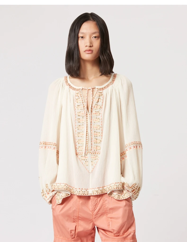 

2023 Spring and Summer New Classic Bohemian Style Light Color Tie Sequin Embroidery Lantern Sleeve Pure Cotton Shirt